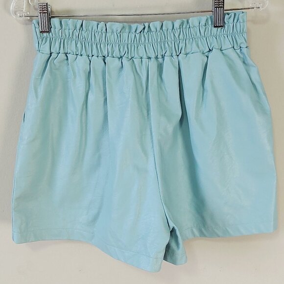 Luna Allegra High Waist Faux Leather Shorts Small Teal Blue Paperbag Tie Waist - Picture 2 of 11